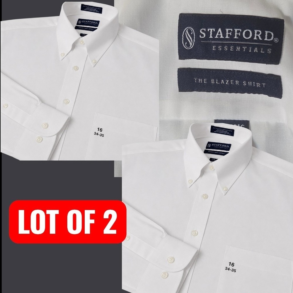 NEW Stafford Dress Men THE BLAZER SHIRT 16 34-35 White LOT OF 2 Oxford Button